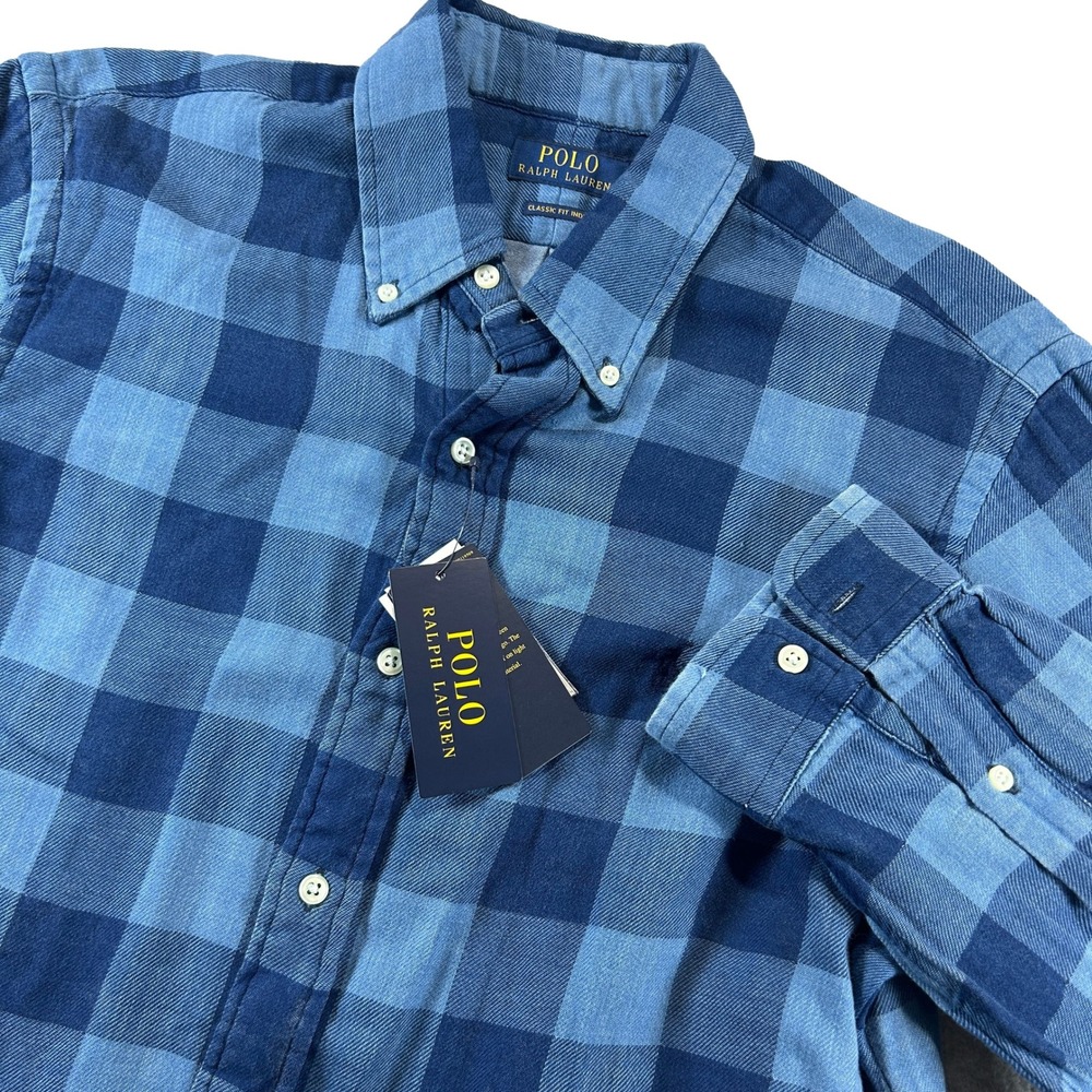 Polo Ralph Lauren Classic Fit Plaid Double-Faced Shirt Men L Blue Indigo Flannel